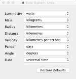 AstroGrav screenshot showing the units editor